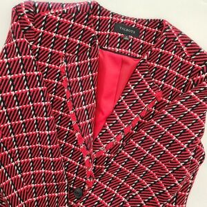 Talbots Womens Red Black White Plaid Tweed Fringe Trim‎ Blazer Jacket size 12
